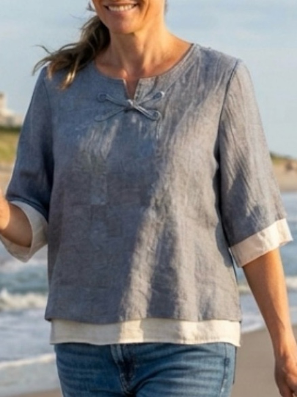 Grey Cotton Linen Blend Gauzy Layered Blouse M Soft Minimalist Coastal Chic